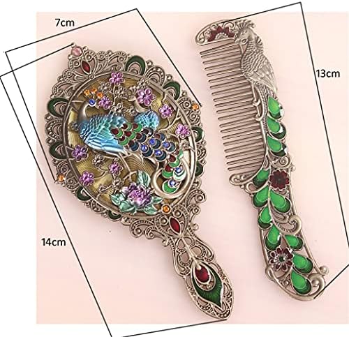 XKAOL Antik Pirinç ile Yeşil Mavi El Boyalı ve Mücevherli Tavuskuşu Tasarım Katlanabilir Metal El Ayna ve Tarak Seti (Renk: B)