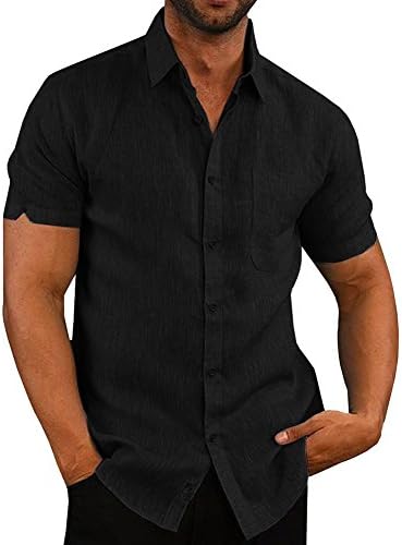 Pengfei Erkek Kısa Kollu Gömlek Keten Pamuk Düğme Aşağı Tees Yayılmış Yaka Düz Gömlek