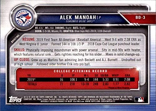 2019 Bowman Taslak BD-3 Alek Manoah RC Çaylak Toronto Mavi Jays MLB Beyzbol Ticaret Kartı