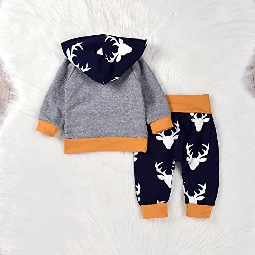2 Adet Bebek Geyik Baskı Hoodies ile Cep Üst + Çizgili Uzun Pantolon Sonbahar Kıyafet Seti