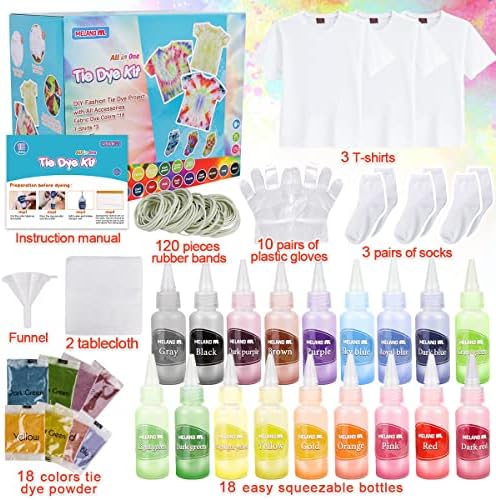 Meland Kravat Boya Kiti-18 Renkler DIY Kravat Boya Seti ile 3 Beyaz T-Shirt, All-in-1 Kumaş Kravat Boya Zanaat Seti Çocuklar