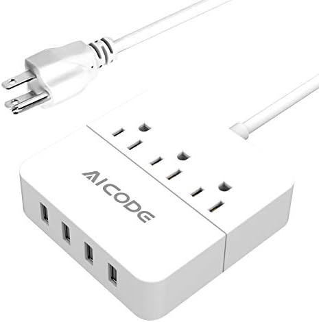 USB'li AICODE Güç Şeridi, 4 USB Portlu 3 AC Çıkışı (3A MAX), 1250W, 5ft Esnek Kablo Masaüstü Şarj İstasyonu,Beyaz, Seyir/Seyahat/Ev/Ofis/Okul