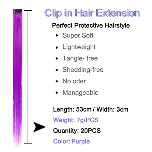 Wiysday 20 ADET Renkli klipsli postiş 22 Mor saç ekleme Çocuklar Kızlar için klipsli renkli Mor saç Klipleri Çocuk için saç ekleme
