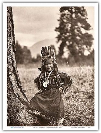 Flathead Çocukluk - Salish Yerli Çocuk-Kuzey Amerika Yerlileri - Edward S. Curtis c.1910'ların Vintage Sepya Tonlu Fotoğrafı