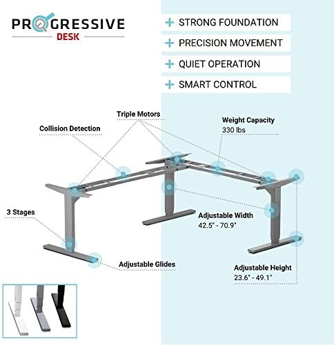 Progresif Masa Ayaklı Masa Köşesi 59x59, l Şekilli 3 Kademeli Yüksekliği Ayarlanabilir Elektrikli Masa-Beyaz Huş Ağacı, Gri Çerçeve
