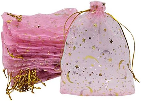 Ankirol 100 pcs organze çantalar Ay ve Yıldız Bebek Duş Favor Çanta Takı Şeker hediye kartı Çanta İle Altın Hattı İpli Torbalar
