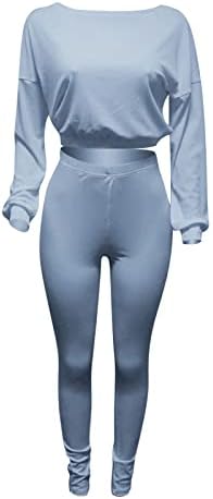 Chatinction kadın Uzun Kollu 2 Parça Kıyafet Bir Omuz Nervürlü Mahsul Tops Bodycon Pantolon Seti Clubwear