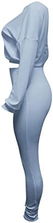 Chatinction kadın Uzun Kollu 2 Parça Kıyafet Bir Omuz Nervürlü Mahsul Tops Bodycon Pantolon Seti Clubwear