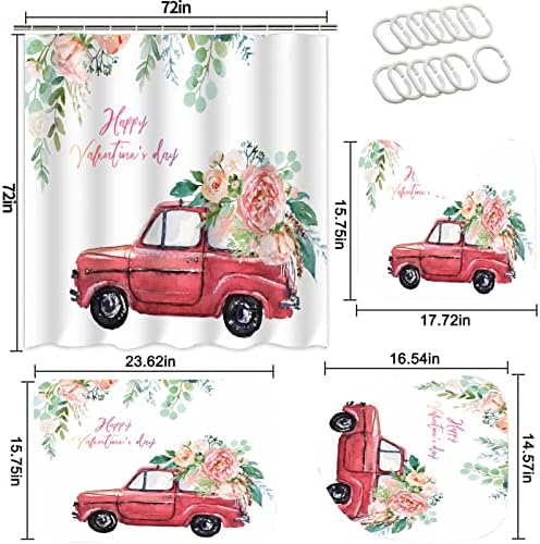 Sevgililer Günü Duş perdesi seti 4 adet Duş Perdesi Tuvalet Kapağı Kapağı ve banyo paspası, kırmızı Araba Çiçek Çiçek Buketi
