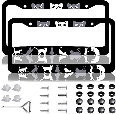 2 Paket Siyah Kedi Plaka Çerçeveleri, evrensel Paslanmaz Çelik Oto Kedi Araba Plaka Çerçevesi Kapak Sahipleri ile vidalı kapaklar