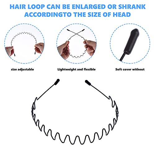 Teqıfu 12 Pcs Metal Saç Bantları için Erkek kadın Bantlar, Unisex Siyah Dalgalı Bahar Kaymaz Spor Hairband, saç Çember Sıradan