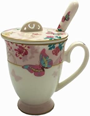 Vintage Seramik Çay Bardağı Kahve Kupa Kapaklı ve Kaşık Seti, Kraliyet İnce Kemik Çini Kupalar (Pembe)