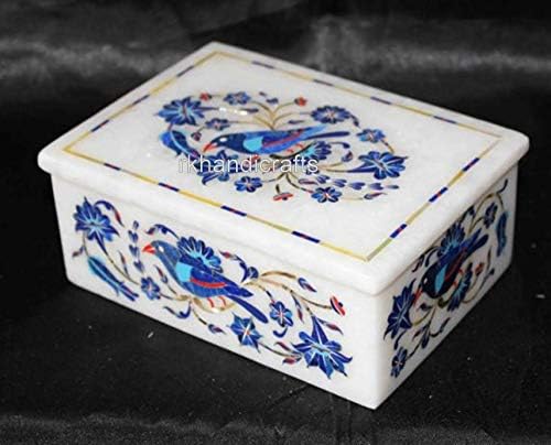 Beyaz Mermer Yüzük Kutusu ile Lapis Lazuli Taş Kakma Çalışma Dikdörtgen Biblo Kutusu En İyi doğum günü hediyesi 6x4 İnç