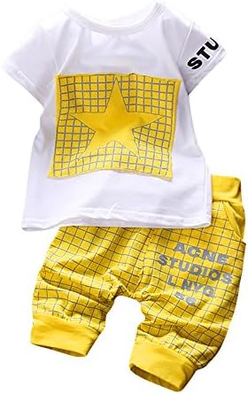 WUAI Toddler Bebek Erkek 2 Parça Kıyafetler Kısa Kollu Sevimli Tops + Ekose Pantolon Giyim Seti