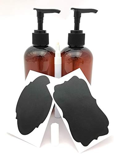 Siyah Losyon / Şampuan Dispenserli 8 Ons Amber Plastik Şişe, Boya Kalemi ve Kara Tahta Etiketli 2 Paket