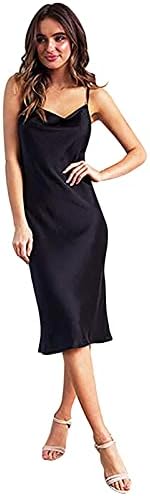 BFONE Kadın Yaz V Yaka Spagetti Kayışı A-Line Backless Salıncak Midi Elbise Taklit Ipek Ince Elbise Ziyafet Sling Maxi Elbise