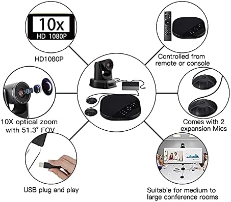 TONGVEO Konferans Odası Kamera Sistemi ile Hoparlör ve 2 Mikrofonlar Tüm-in-One USB PTZ Kamera HD 1080 P 10X Zoom Webcam için