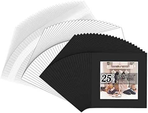 Altın Devlet Sanat, Paketi 25, 12x12 Siyah Resim Paspaslar Beyaz Çekirdek Konik Kesim ile Matlar için 8x8 Resimler + Destek +