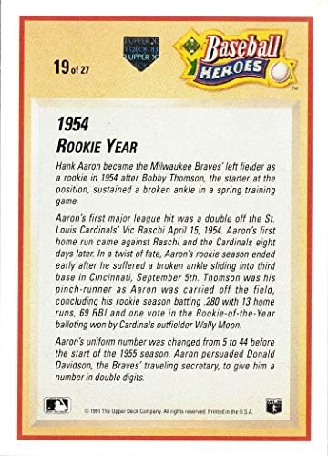 1991 Üst Güverte Beyzbol Kahramanları 19 Hank Aaron Kartı - 1954 Çaylak Yılı