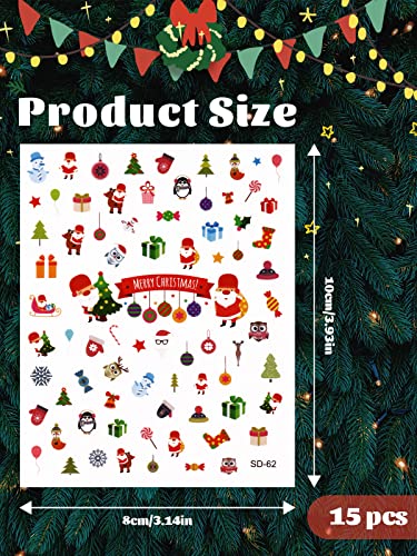 EBANKU 15 Levhalar Yeni Yıl Noel Nail Art Etiketler Çıkartmaları, Noel Kış Tasarım Tırnak Çıkartmaları 3D Tasarım Noel Baba Kar