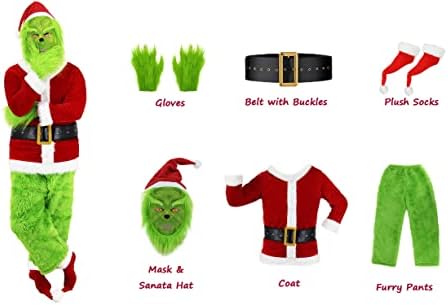 ALİZİWAY Grinc Kostüm Yetişkin Erkekler 7 adet Deluxe Noel Santa Kostüm Suit Yeşil Baba Kürklü Kıyafet