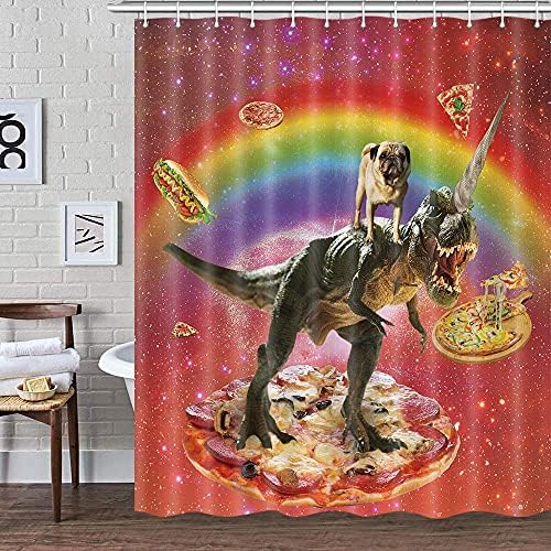 Komik Dinozor Duş Perdesi, Kırmızı Serin Evren Galaxy Köpek Unicorn Boynuz Komik Banyo Perdeleri Seti, Gökkuşağı Pizza Çocuklar
