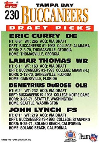 1993 Topps Futbol 230 Eric Curry / Lamar Thomas / Demetrius DuBose / John Lynch RC Çaylak Kartı Tampa Bay Buccaneers Topps Şirketinden