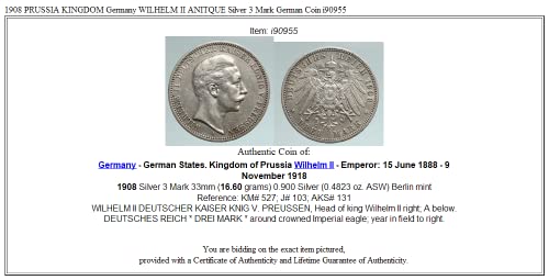 1908 DE 1908 PRUSYA Krallığı Almanya WİLHELM II ANITKABİR 3 İşareti İyi Sertifikasız