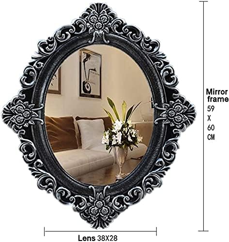 YİWANGO Banyo duvar aynası Oval Ayna Barok Tarzı Dekoratif Duvar Aynaları, 59x60 cm, Vintage Dekor Ayna Duvar Dekor (Renk: Gümüş)