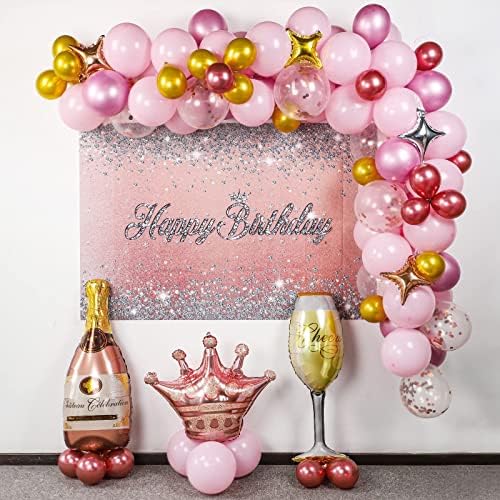 Gül Altın Doğum Günü Parti Süslemeleri, Pembe Gül Altın Balon Çelenk Kemer Kiti, Mutlu Doğum Günü Zemin, Masa Örtüsü, Taç ve