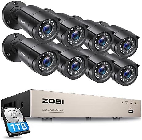 ZOSI 8CH Ev Güvenlik Kamera Sistemi Açık 1 TB Sabit Disk ile, H. 265 + 5MP Lite CCTV DVR, 8 adet Hava Gözetim Kameraları, 80ft