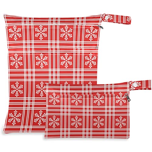visesunny Kırmızı Noel Kar Tanesi Şerit Fermuarlı Cepler ile 2 Adet Islak Çanta Yıkanabilir Kullanımlık Seyahat için Ferah Bezi