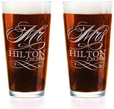 Iki Set Kişiselleştirilmiş Zanaat bira bardağı Pub Cam Mr ve Mrs. Soyadı ve Tarih Kazınmış Düğün, Gelecek Yeni Evliler, gelin