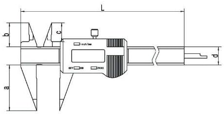 Ölçer Dar Sivri Çeneler Dijital Kumpas,0-200mm, ±0.04 mm, L: 286mm, a: 50mm, b: 24mm, c: 19mm, d: 16mm