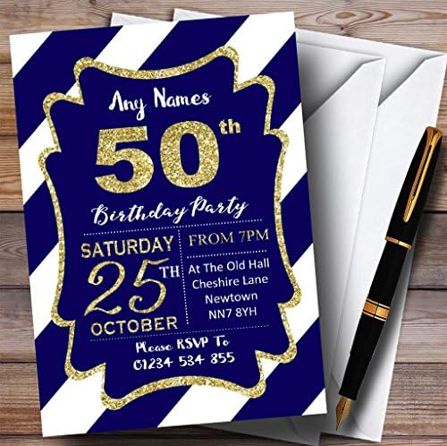 Mavi Beyaz Çapraz Çizgili Altın 50. Kişiselleştirilmiş Doğum Günü Partisi Davetiyeleri