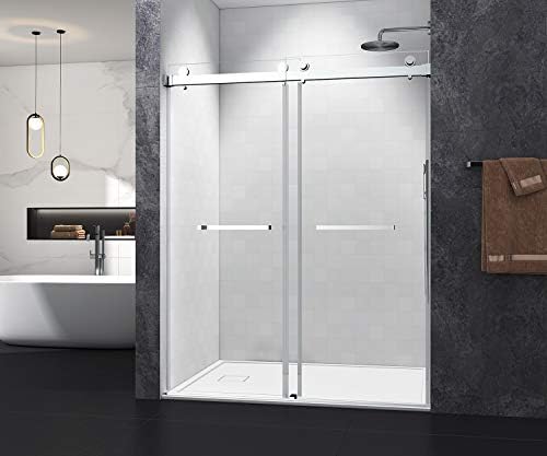 MCOCOD Çerçevesiz Çift Sürgülü Duş Kapısı 56 -60 W x 76 H, 3/8 (10mm) Şeffaf Temperli Cam, Fırçalanmış Nikel Paslanmaz Çelik