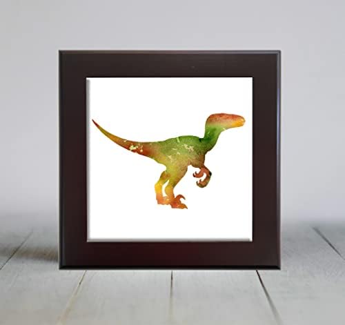 Velociraptor Yeşil Kahverengi Soyut Suluboya Sanat Dekoratif Karo (6 X 6 Çerçeveli)