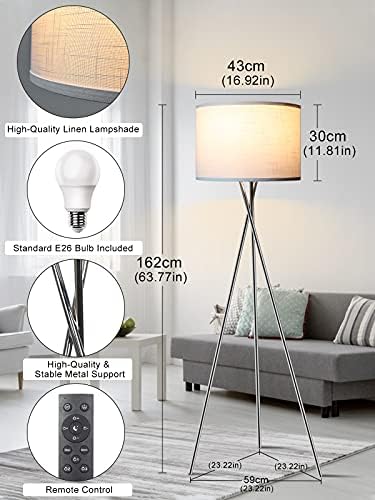 Tripod Zemin Lambası, Uzaktan ve Dokunmatik Kontrol LED Zemin Lambası 3 Renk Sıcaklıkları Yatak Odası için Ayakta Lamba ve Oturma