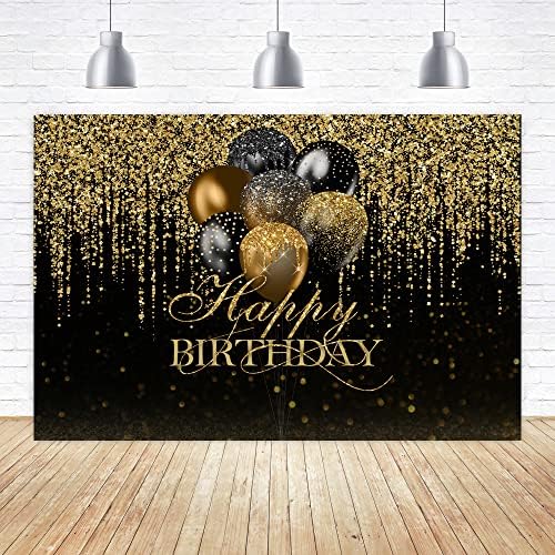 Aperturee 6x4ft Mutlu Doğum Günü Zemin Glitter Siyah ve Altın Bokeh Balonlar Altın Sparkle Pullu Noktalar Fotoğraf Arka Plan