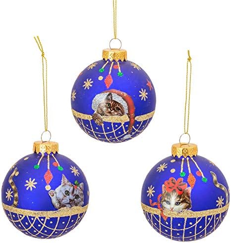 Kraliyet Mavi Kedi Topu 3 inç Cam Dekoratif Asılı Noel Süs Seti 3