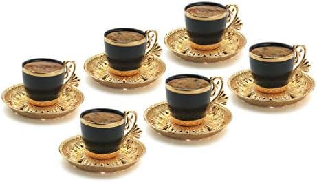 Süslü Türk Kahvesi Fincan Tabakları 6 Set, Porselen 4 oz. Türk Kahvesi Seti, Espresso Fincan Seti, Yunan Kahvesi, Demitasse Kahve