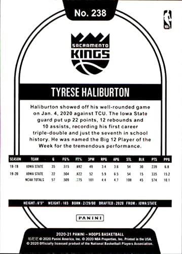 2020-21 Panini Çemberler 238 Tyrese Haliburton RC Çaylak Sacramento Kings NBA Basketbol Ticaret Kartı