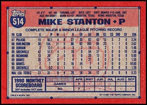 1991 Topps 514 Mike Stanton NM-MT Atlanta Braves Resmi Lisanslı MLB Beyzbol Ticaret Kartı