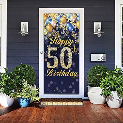 Mutlu 50th Doğum Günü Kapı Afiş Kraliyet Mavi Altın Balon Fotoğraf Backdrop Süslemeleri 50th Doğum Günü Partisi Kapı Askı Kapak