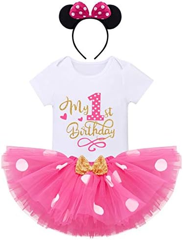 Bebek Kız Kek Smash 1st Doğum Günü Kıyafet Seti Romper Elbise+Puanl Tutu Etek+Fare Kulaklar + Yalınayak Sandalet için Fotoğraf