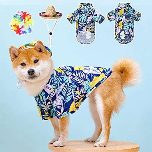 EXPAWLORER Hawaii Köpek T-Shirt Set-Yaz Pet Giyim Giyim Hasır Şapka ve Çelenk ile Küçük Orta Büyük Köpekler için