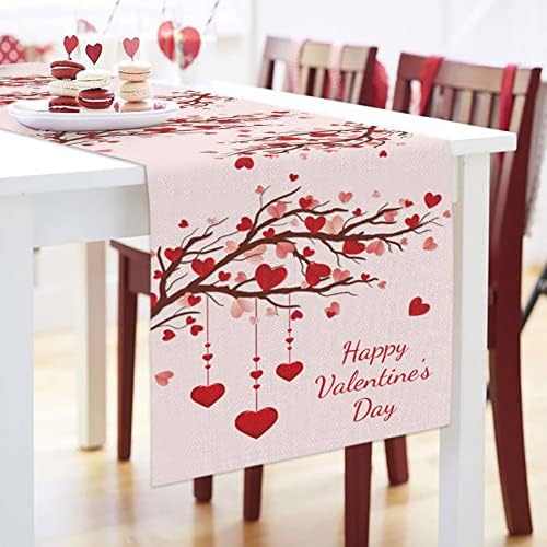 Pamuk Keten Yemek Masası Koşucusu 13x90 İnç Uzunluğunda - Kırmızı Aşk Kalp Şeklinde Mutlu Sevgililer Günü Ağacı, Aile Yemeği,