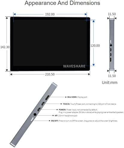 Waveshare 9 inç Kapasitif Dokunmatik Monitör Mini HDMI Bağlantı Noktası 2560 × 1600 2 K Çözünürlük IPS Ekran Tamamen Lamine Sertleştirilmiş