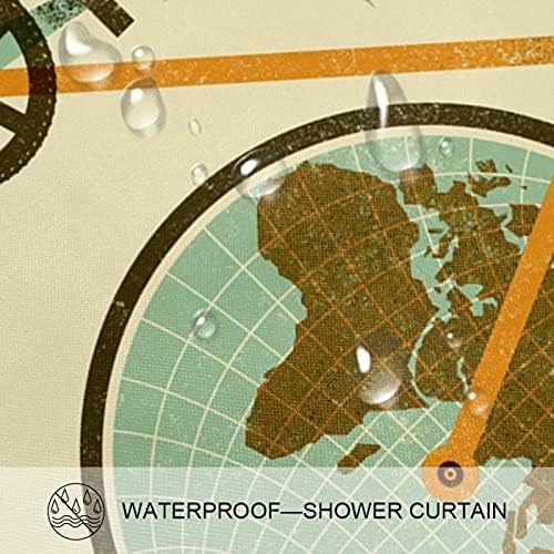 Komik Retro Dünya Haritası ile Bisiklet Kumaş Duş Perde Liner-70.8 x 70.8, Polyester Kumaş Banyo Duş Perde Hooks ile Set