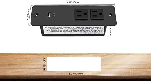 USB C'li Güç Şeridi, Konferans Gömme Güç Şeridi Soketi 6.56 FT Kordon, 2 AC Çıkışlı ve 1 USB C Bağlantı Noktalı ve 1 USB A Bağlantı